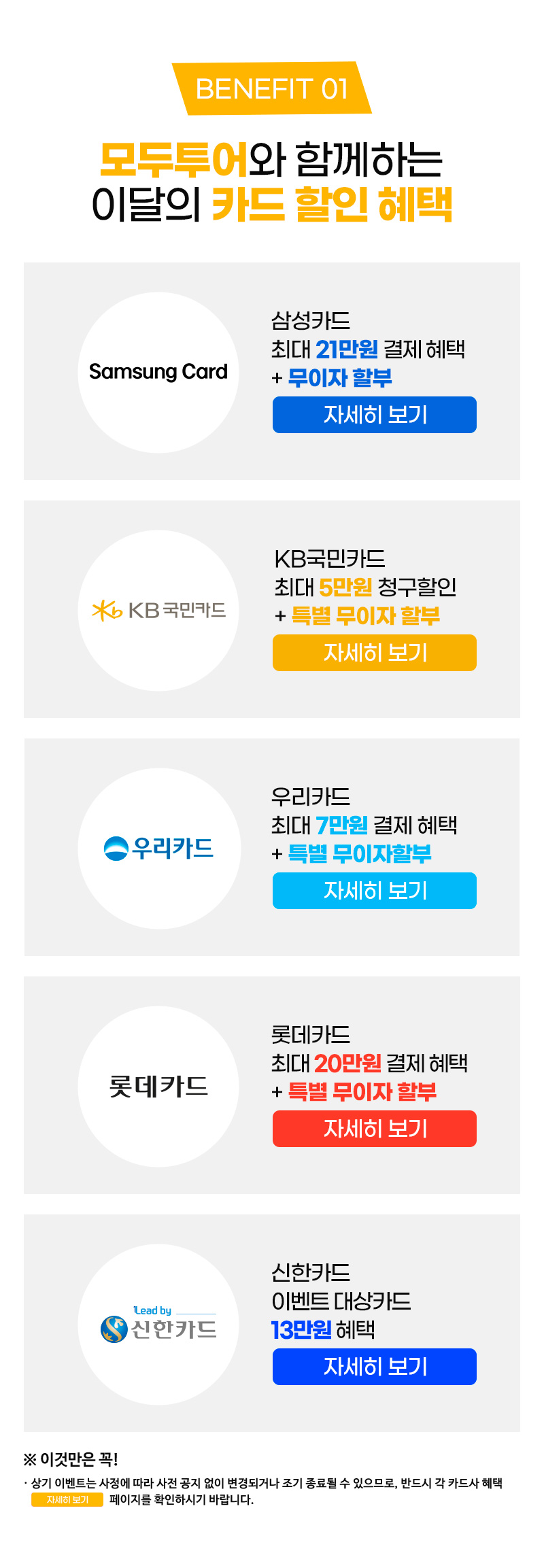 상기 이벤트는 사정에 따라 사전 공지 없이 변경되거나 조기 종료될 수 있으므로, 반드시 각 카드사 혜택 자세히보기 페이지를 확인하시기 바랍니다.